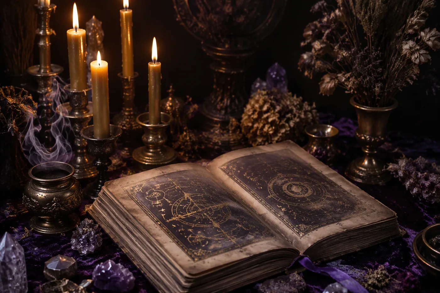 Altar espiritual con velas encendidas, incienso y manuscrito esotérico antiguo