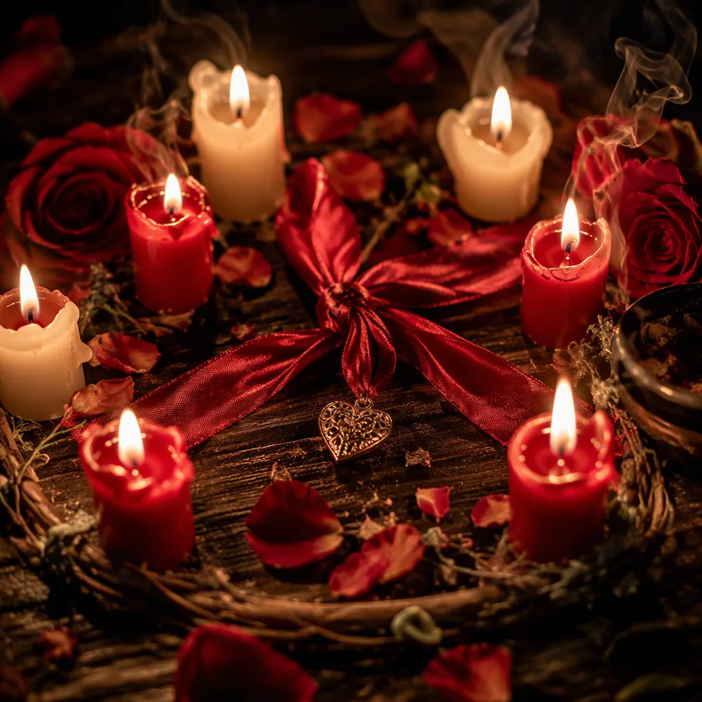 Velas rojas y blancas encendidas en círculo con pétalos de rosa y lazo rojo en trabajo de amor