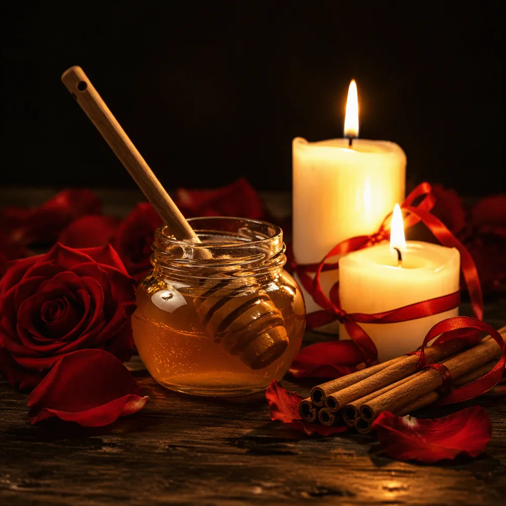 Frasco de miel dorada con pétalos de rosa, canela y velas blancas encendidas para endulzamiento de pareja