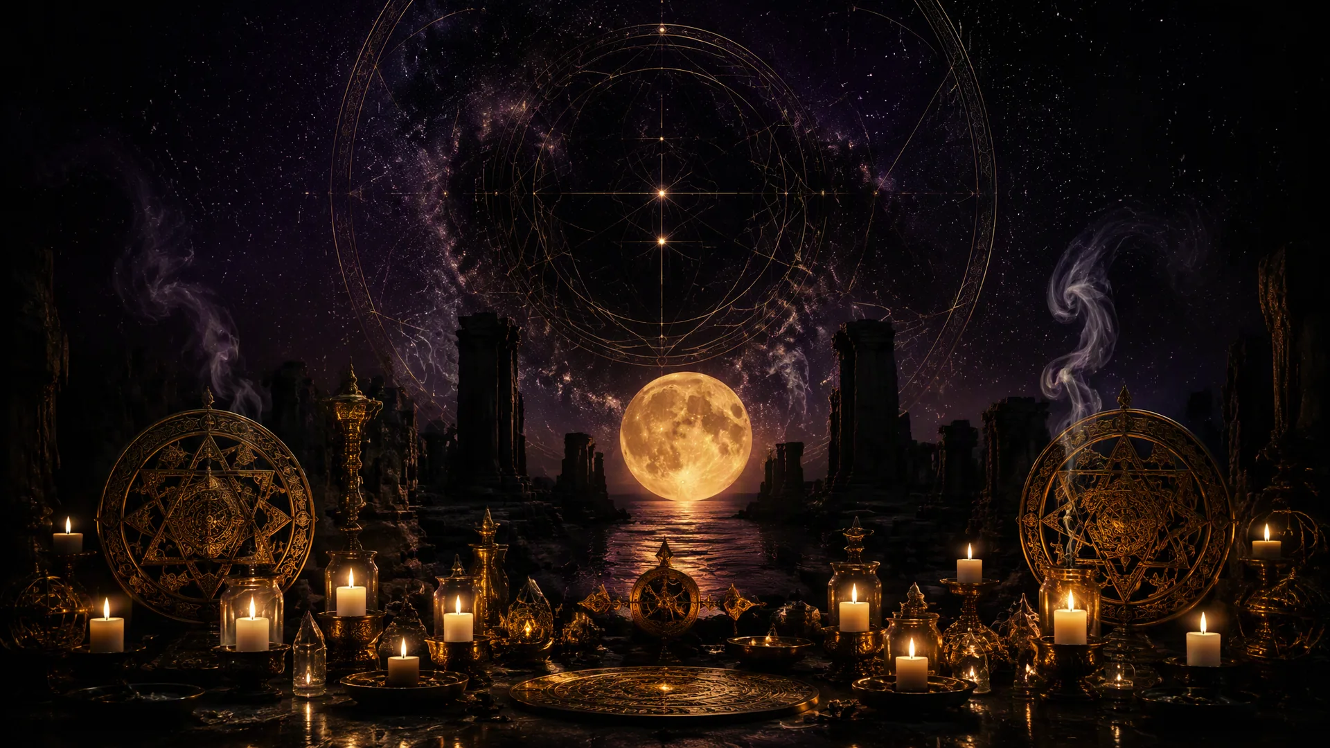 Escenario nocturno esotérico con luna dorada, velas encendidas y círculos rituales