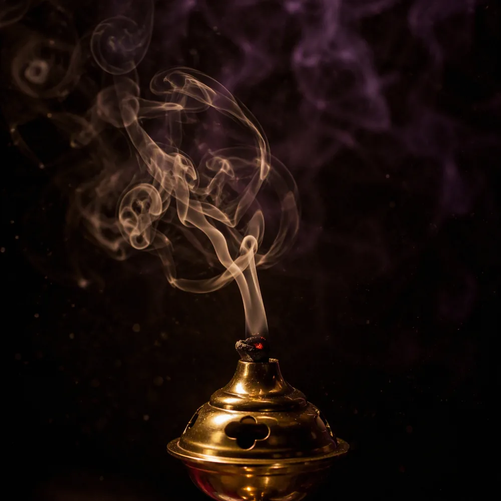 Humo de incienso elevándose en la penumbra iluminado por luz dorada de velas