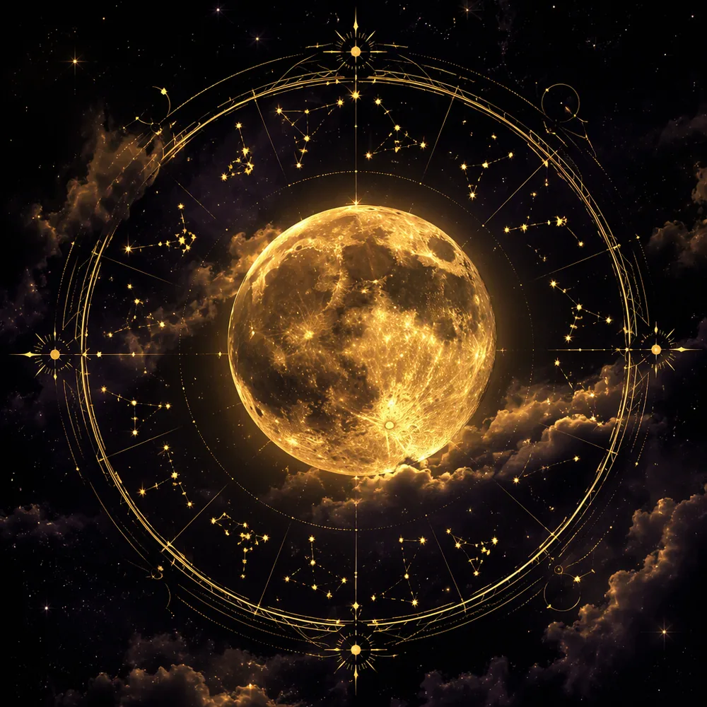 Luna llena dorada rodeada de anillo astrológico y constelaciones sobre cielo nocturno