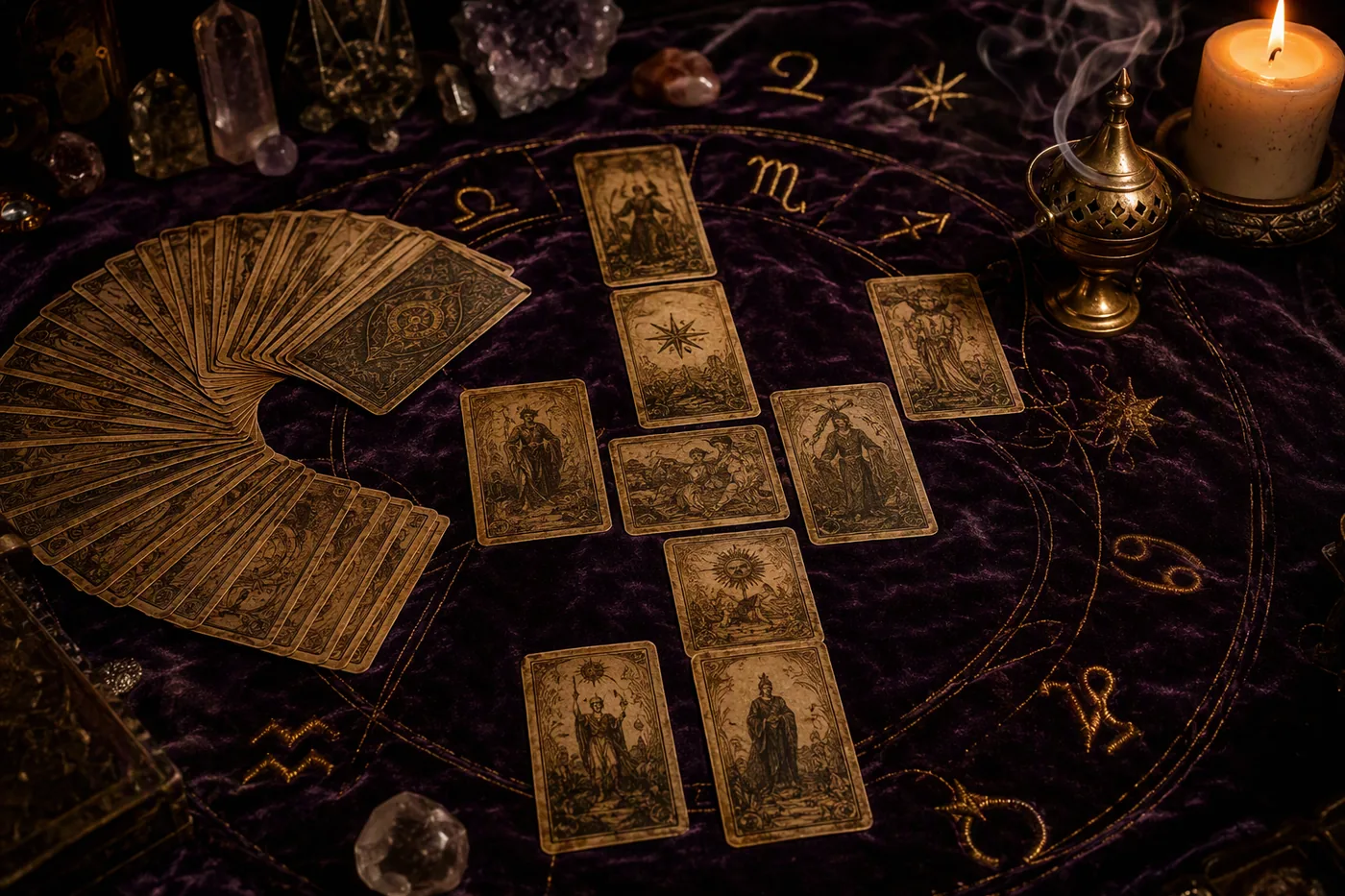 Mesa de tarotista con cartas antiguas extendidas sobre terciopelo morado bordado con símbolos astrológicos