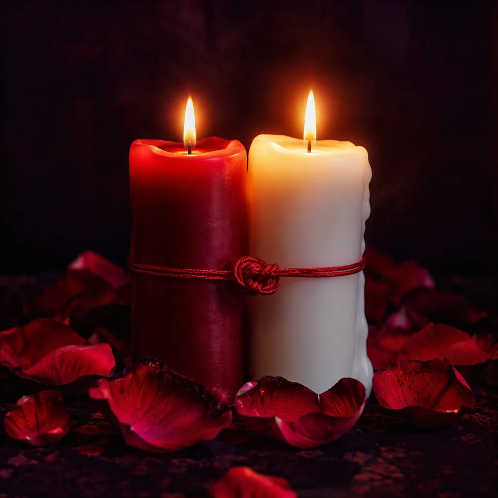 Vela roja y vela blanca unidas por un hilo de seda rojo entre pétalos de rosa